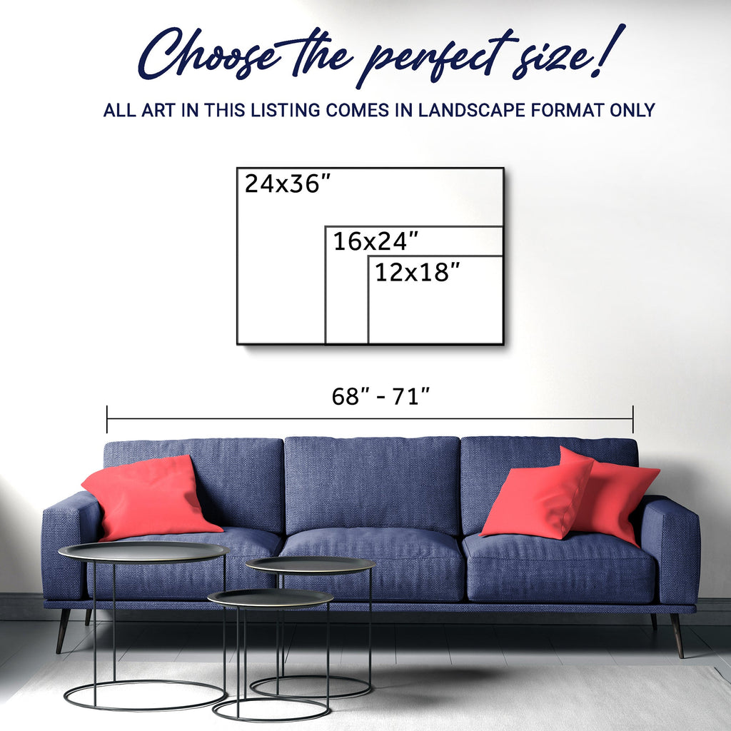 Winged heart canvas print shown above a sofa with selectable landscape size options.