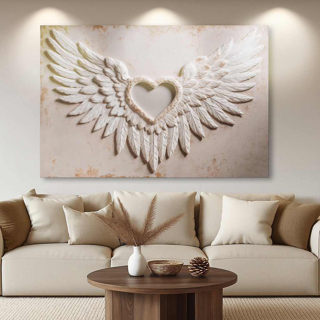 Winged heart canvas wall art with white and tan angel wings and a raised heart center.