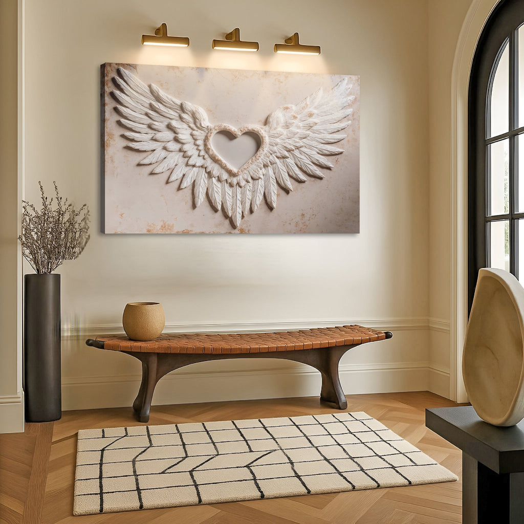 Framed winged heart canvas print with textured white angel wings on a cream background.