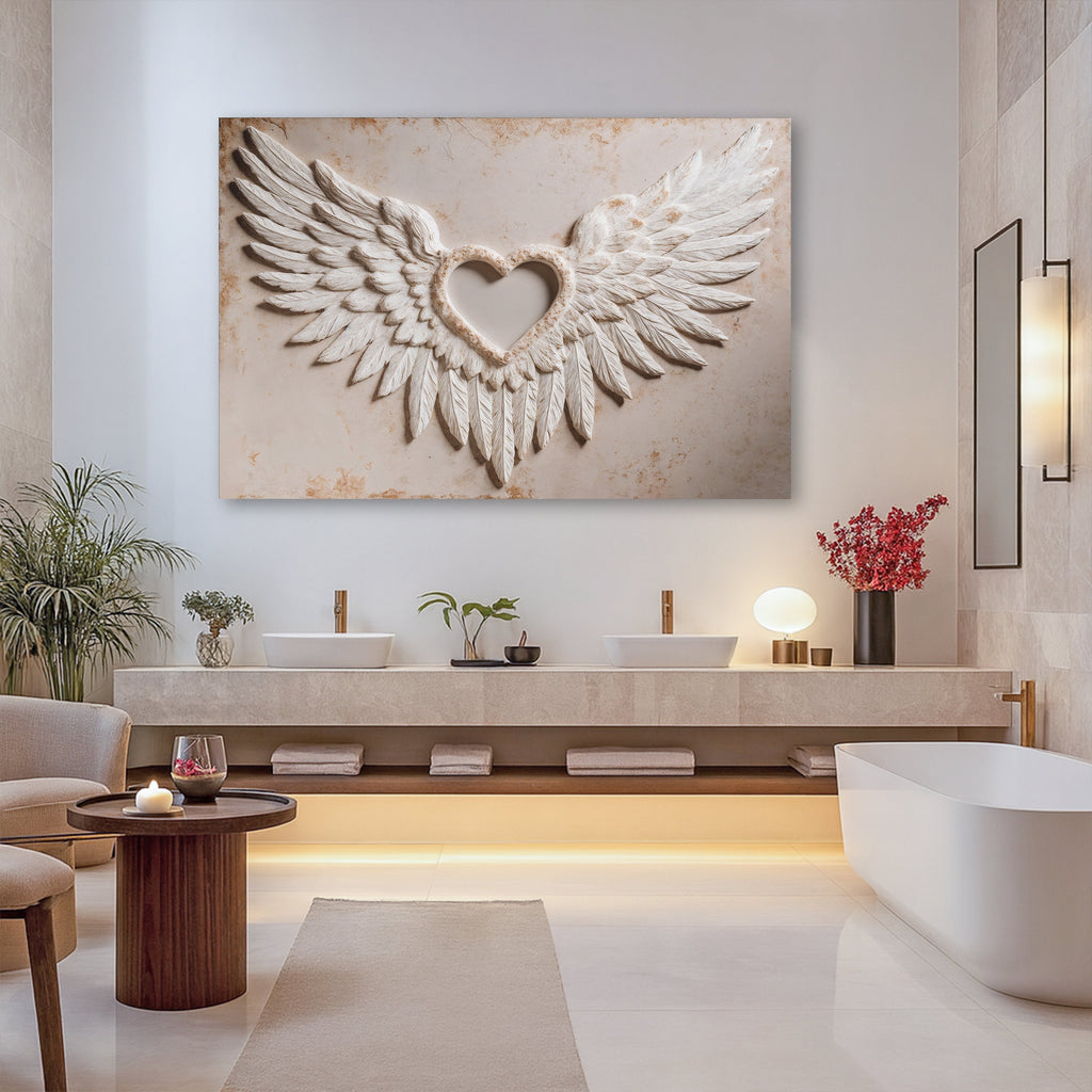 Winged heart canvas print above a vanity, textured white angel wings on a beige background.