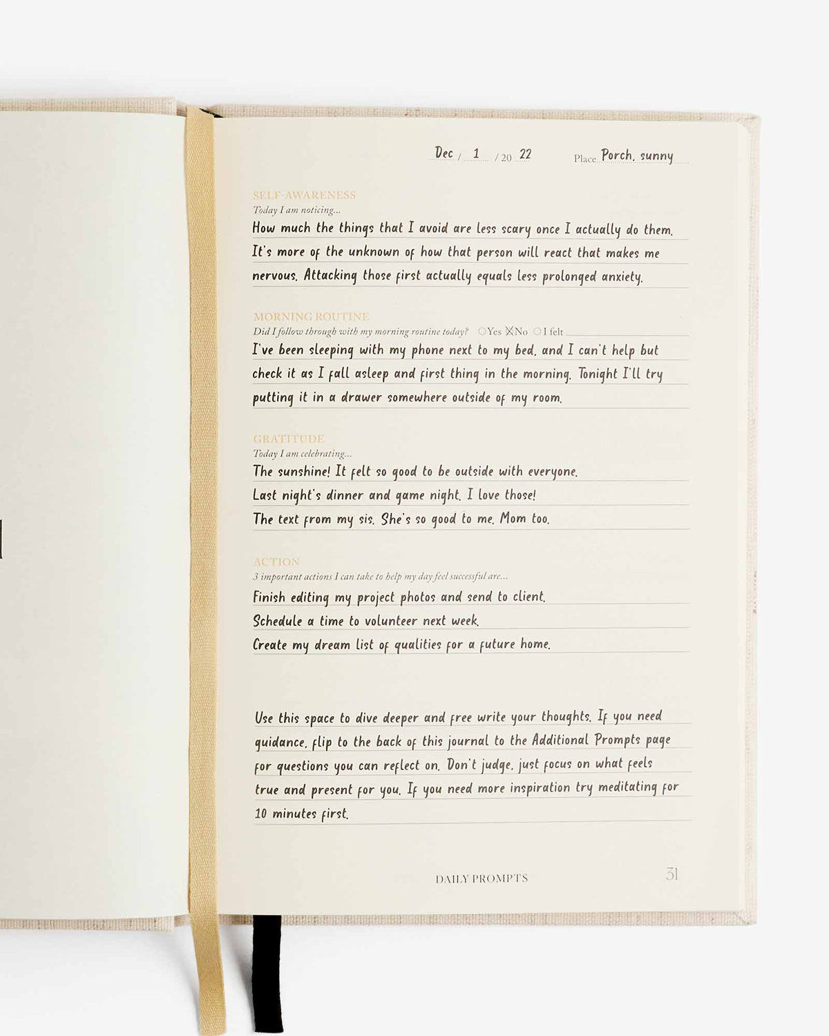 Open mindfulness journal page with lined text and small page header details