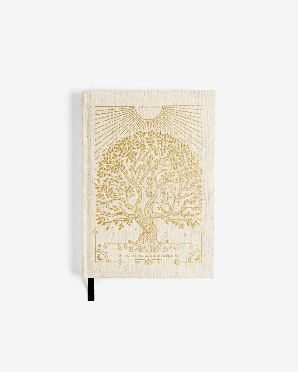 Linen mindfulness journal with gold tree-of-life cover art and black ribbon bookmark