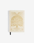 Linen mindfulness journal with gold tree-of-life cover art and black ribbon bookmark