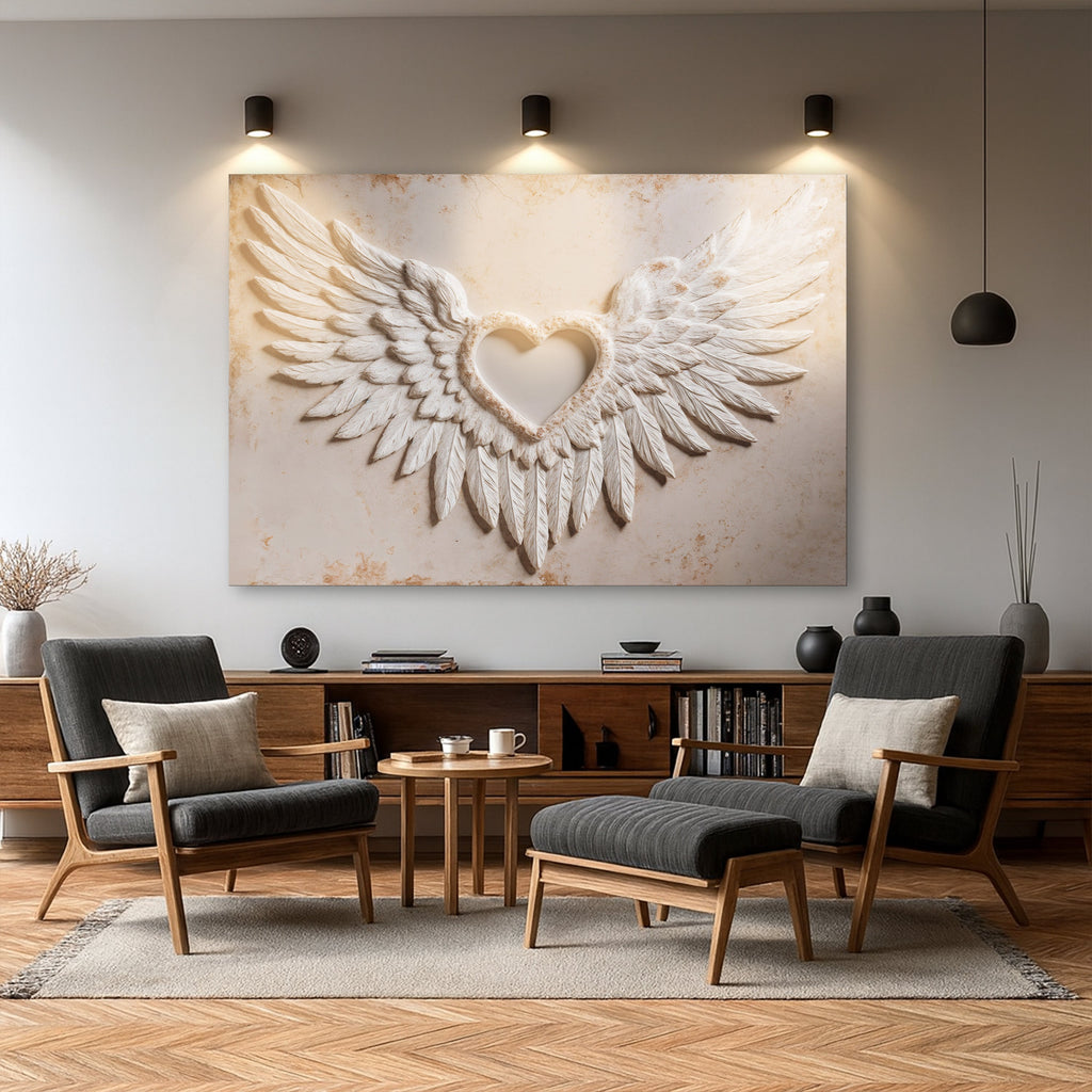 Framed angel winged heart canvas wall art with raised white feathers and beige details.