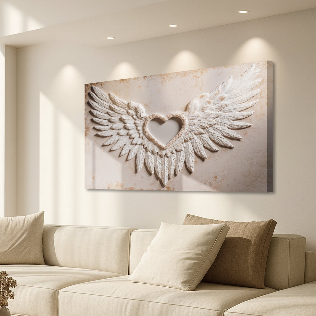 Winged heart canvas wall art with raised white angel wings and a small beige heart.