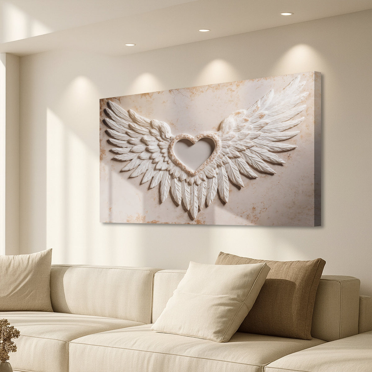 Winged heart canvas wall art with raised white angel wings and a small beige heart.