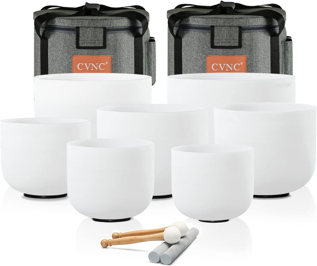 White frosted crystal singing bowl set with two mallets and padded cases