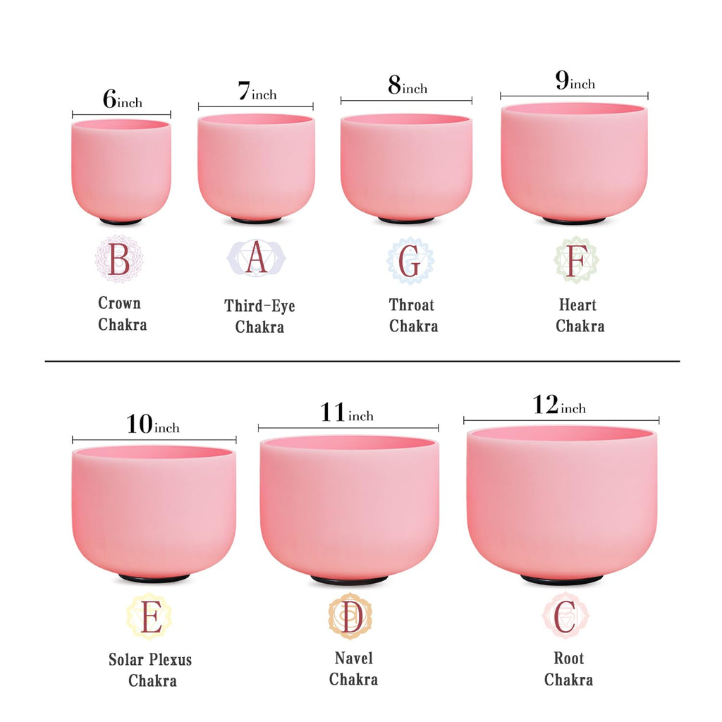 Pink crystal singing bowl size chart: 6 to 12 inch bowls with chakra names