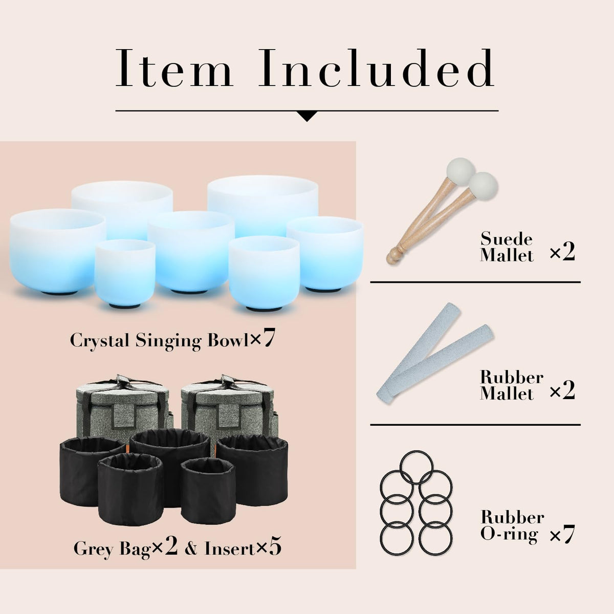 Crystal singing bowl set: 7 bowls plus suede mallets, rubber mallets, and o-rings