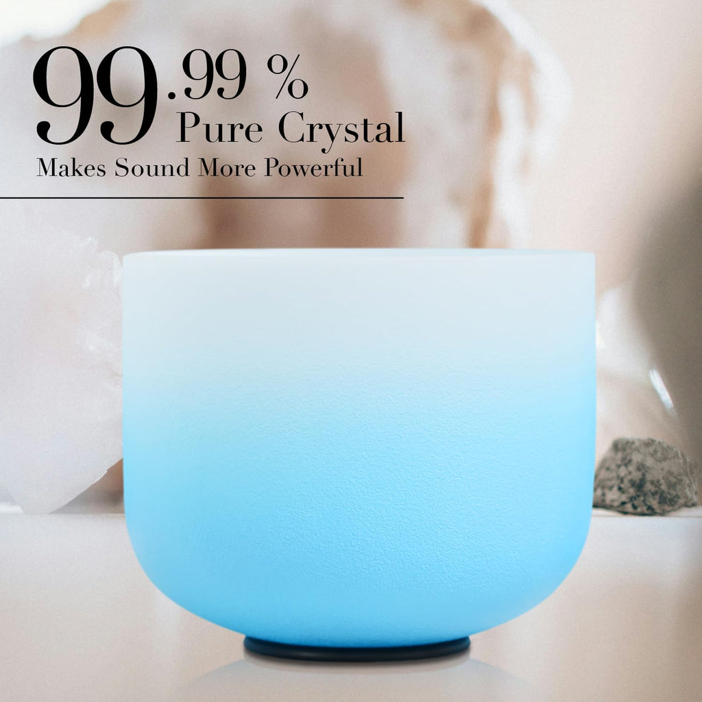 Frosted blue crystal singing bowl, rounded lip, on a small black stand