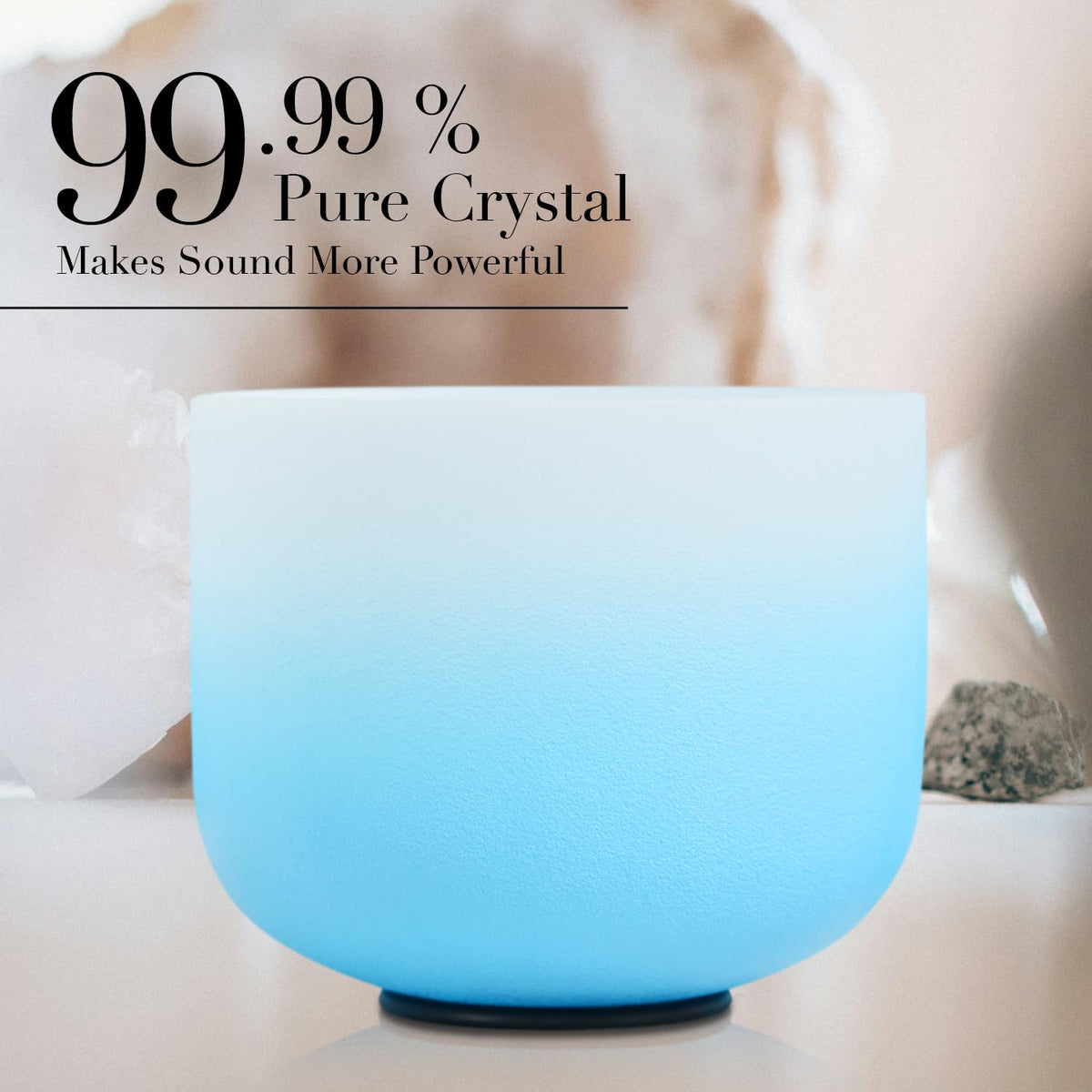 Frosted blue crystal singing bowl, rounded lip, on a small black stand
