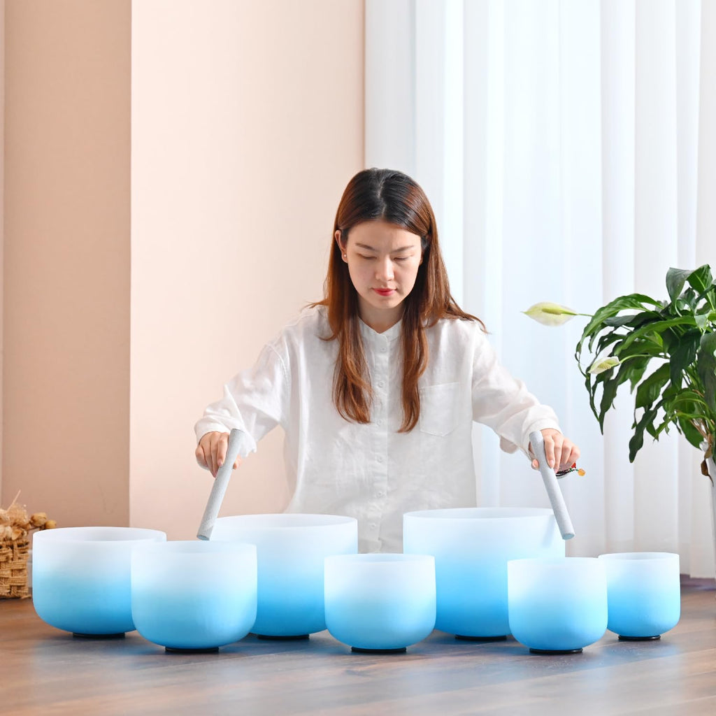 Blue frosted crystal singing bowl set, multiple sizes with rounded rims