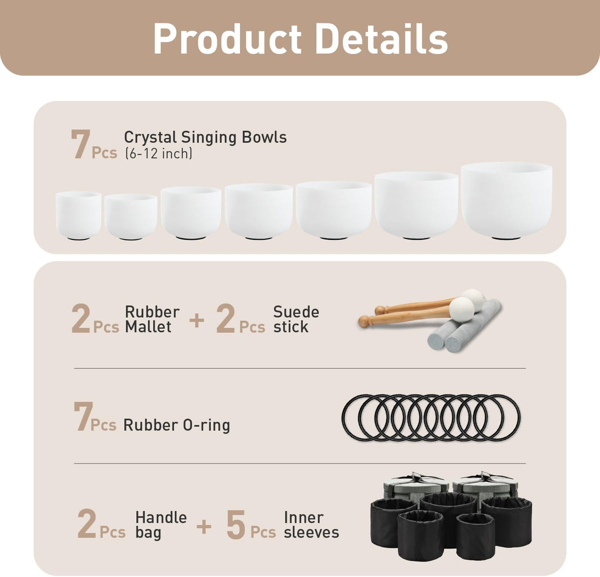Product details graphic for a 7-piece crystal singing bowl set with accessories
