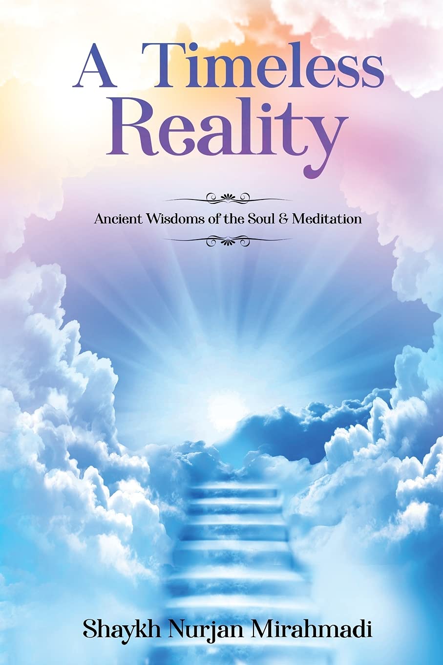 Meditation book with blue sky cloud cover, glowing steps, and title text