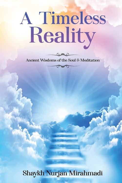 Meditation book with blue sky cloud cover, glowing steps, and title text