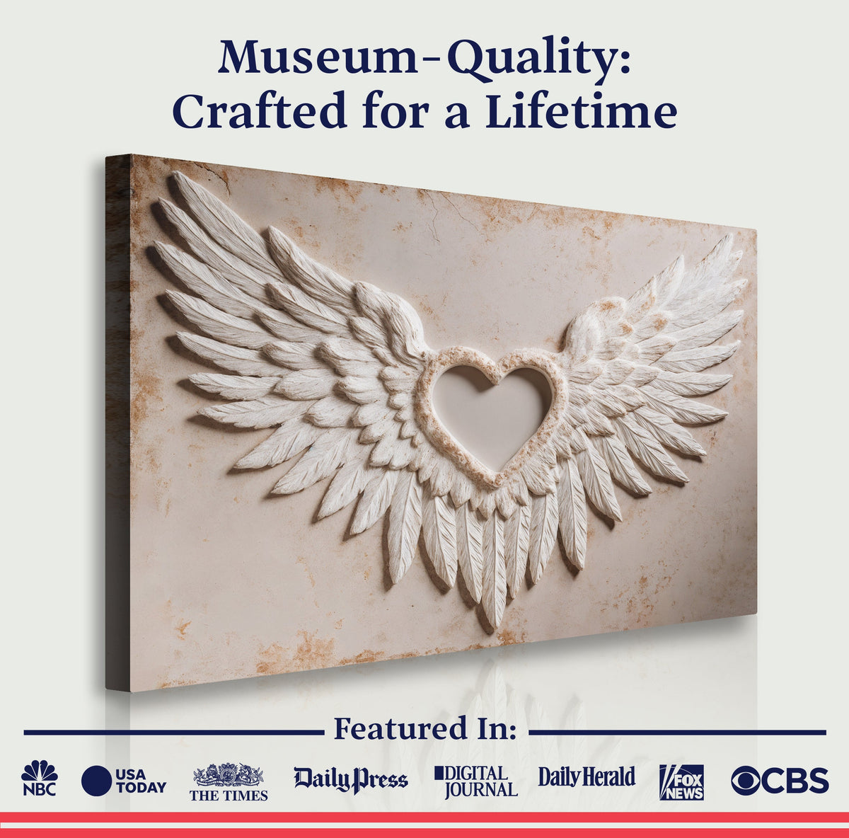 Framed winged heart canvas print with raised white angel wings and a beige heart center.
