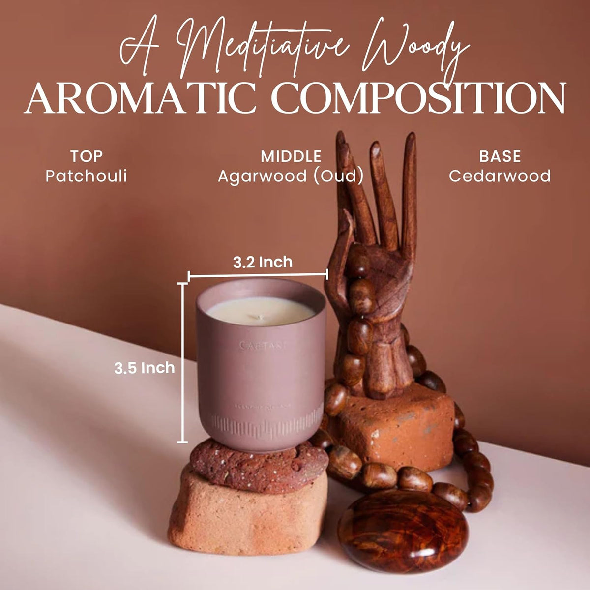 Purple candle in ceramic cup with size markers and wooden accessories, unlit