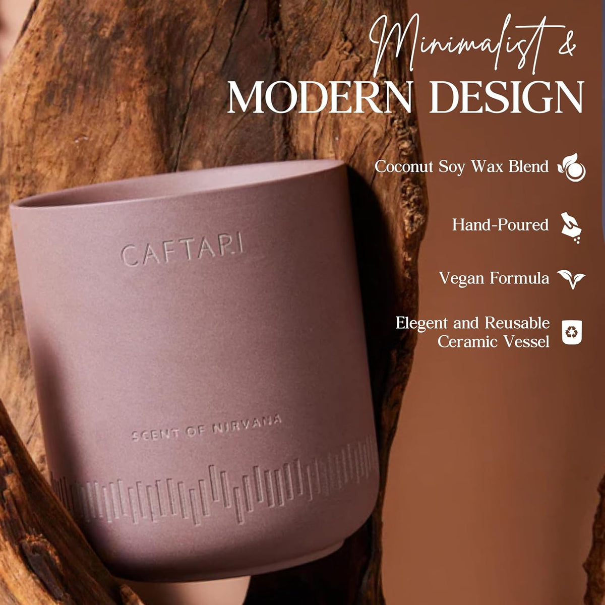 Purple CAFTARI candle in ceramic cup with scent label and raised texture, unlit