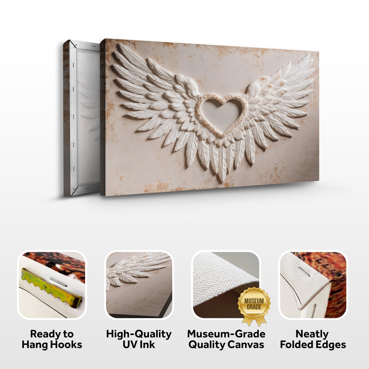 Winged heart canvas print with side packaging and icons for hanging hooks and UV ink.