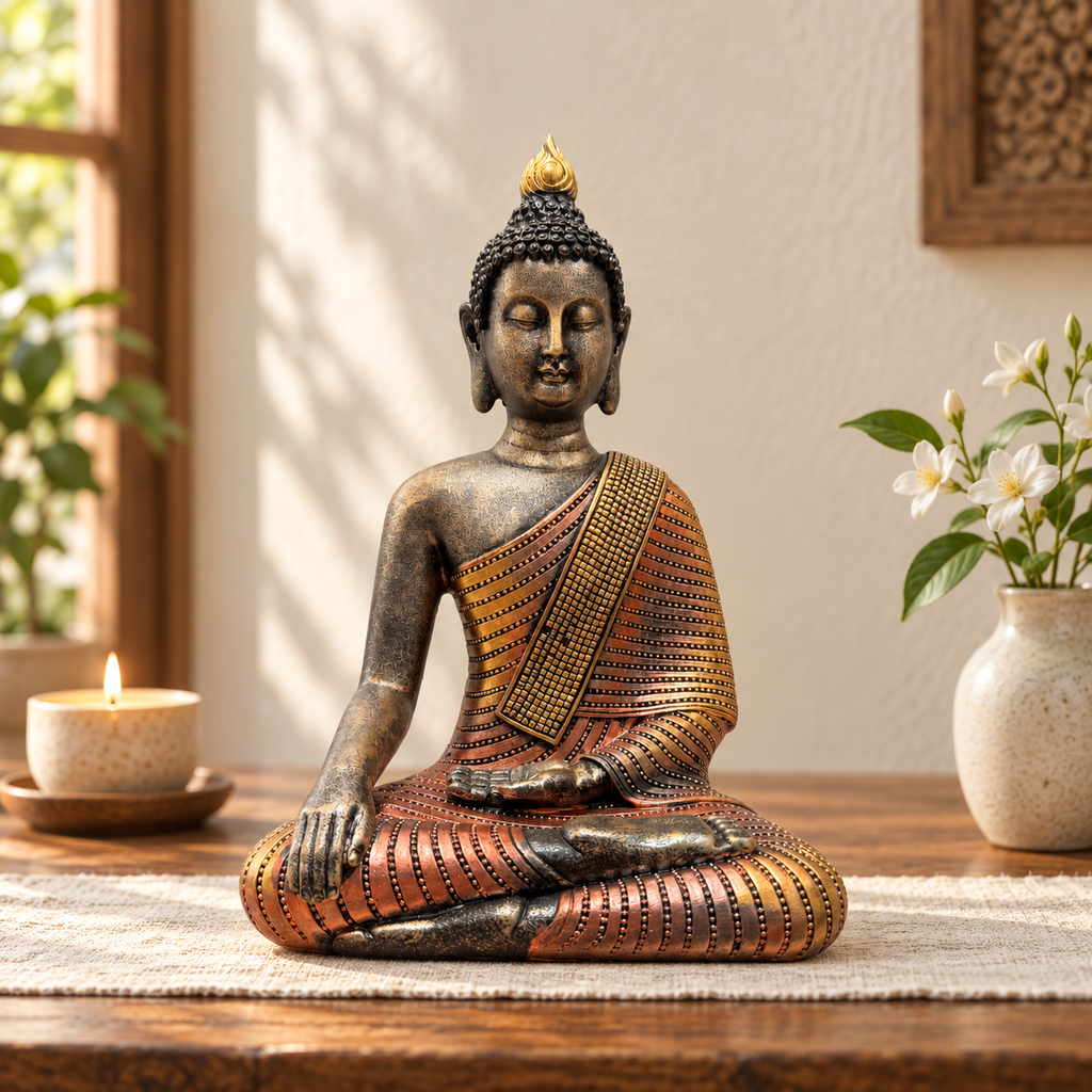 8-inch seated Buddha statue with red robe and gold detailing, dark bronze finish