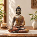 8-inch seated Buddha statue with red robe and gold detailing, dark bronze finish
