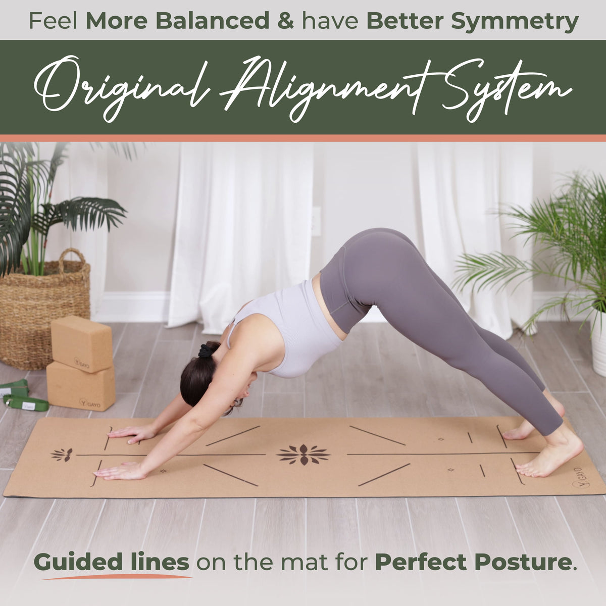 Cork yoga mat with alignment grid and center flower design