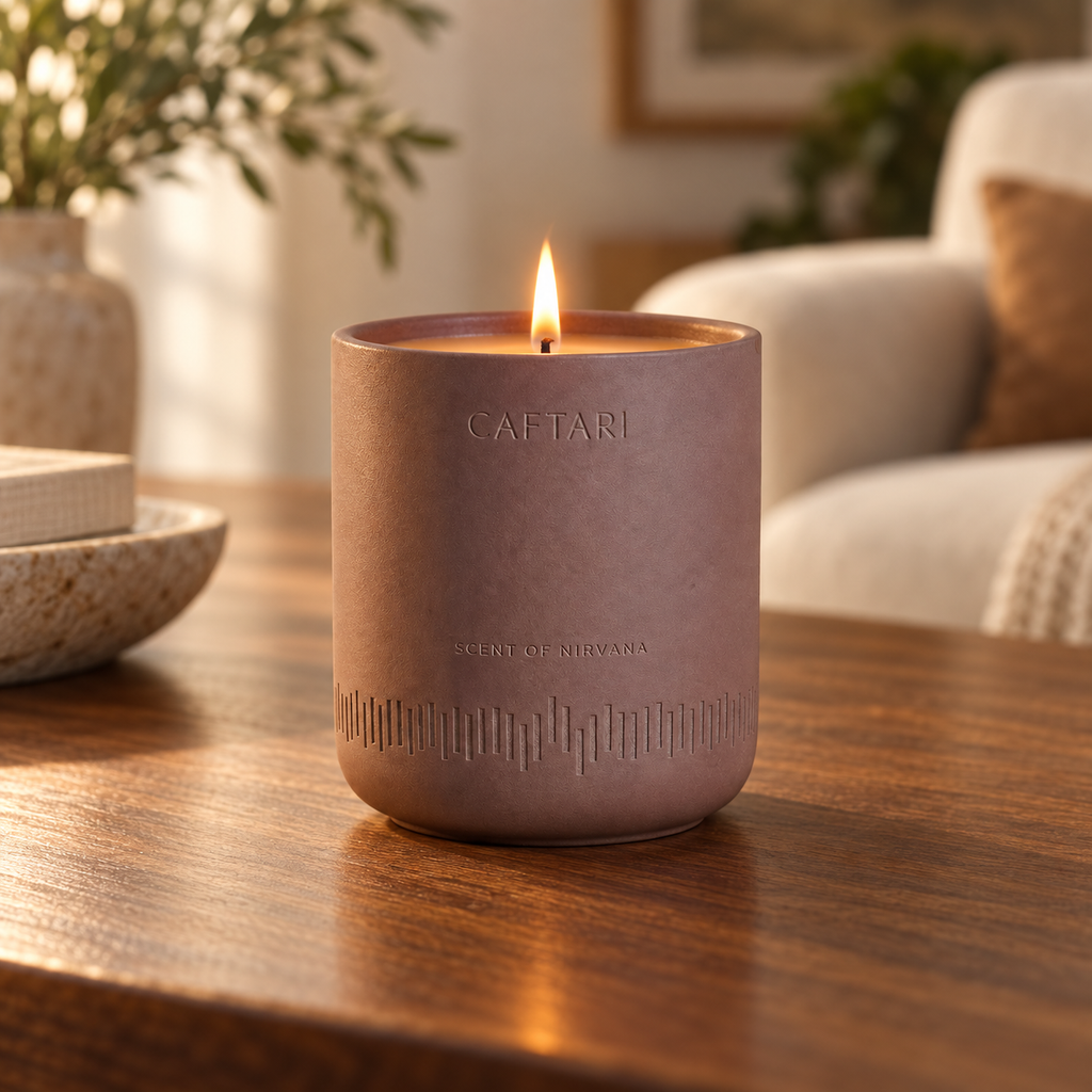 Lit purple CAFTARI meditation candle with flame in matte ceramic vessel