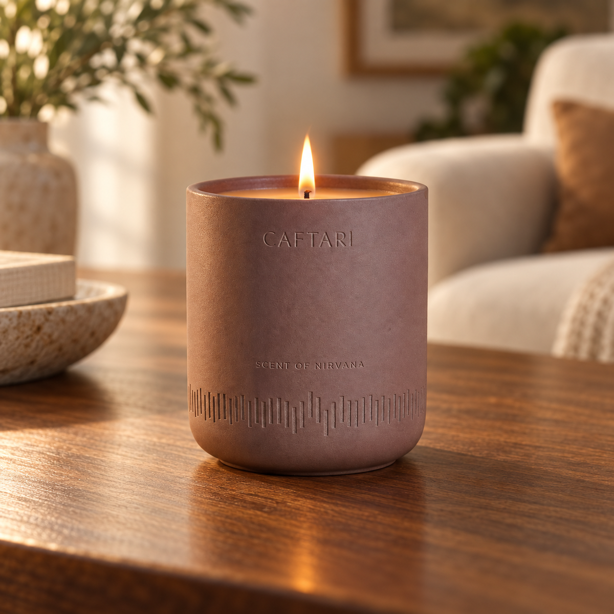 Lit purple CAFTARI meditation candle with flame in matte ceramic vessel