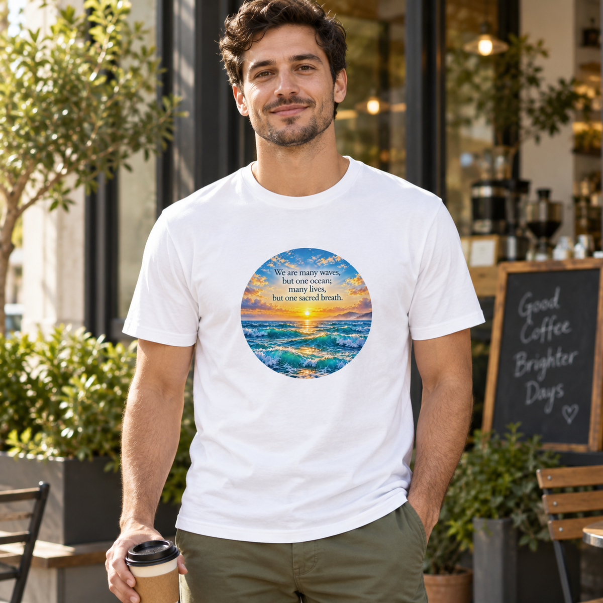 White T-shirt with circular ocean sunrise graphic on the chest