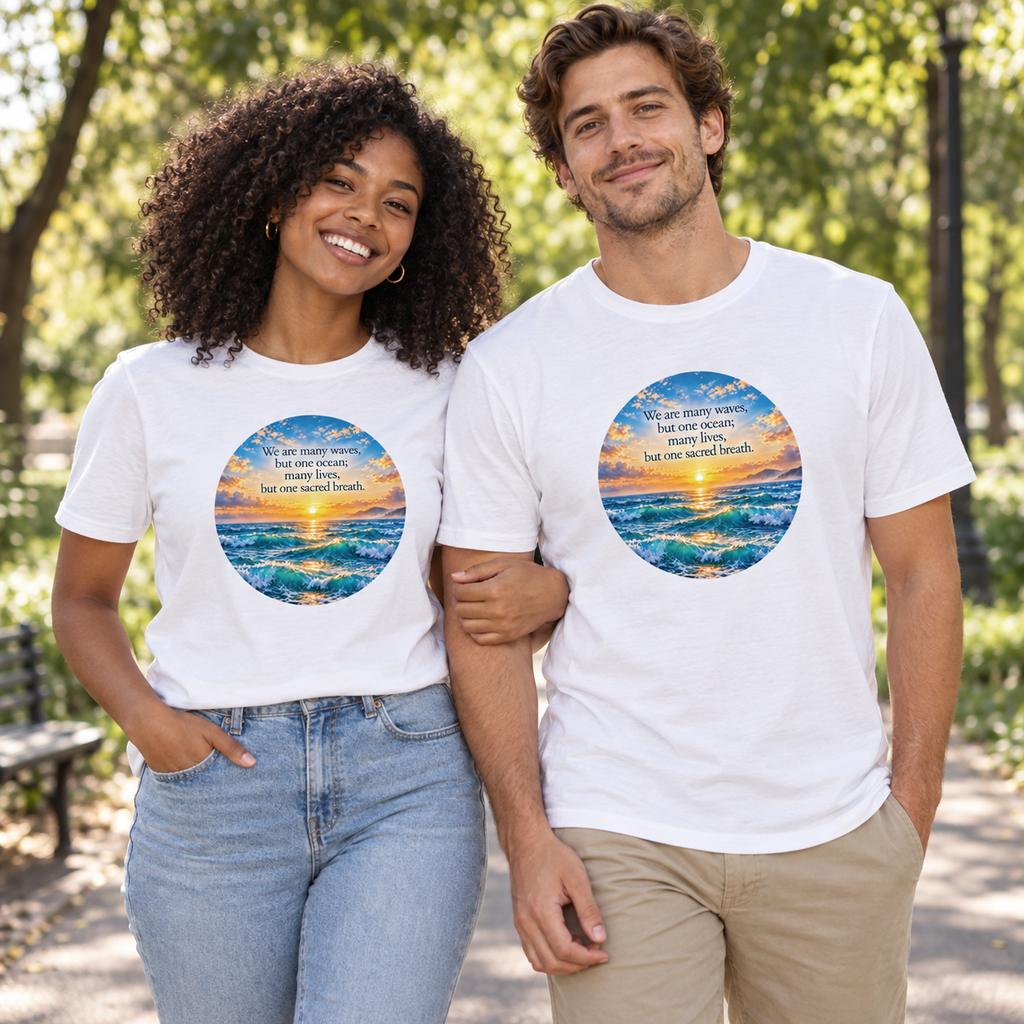 Pair of white T-shirts with circular ocean sunrise graphic and quote text
