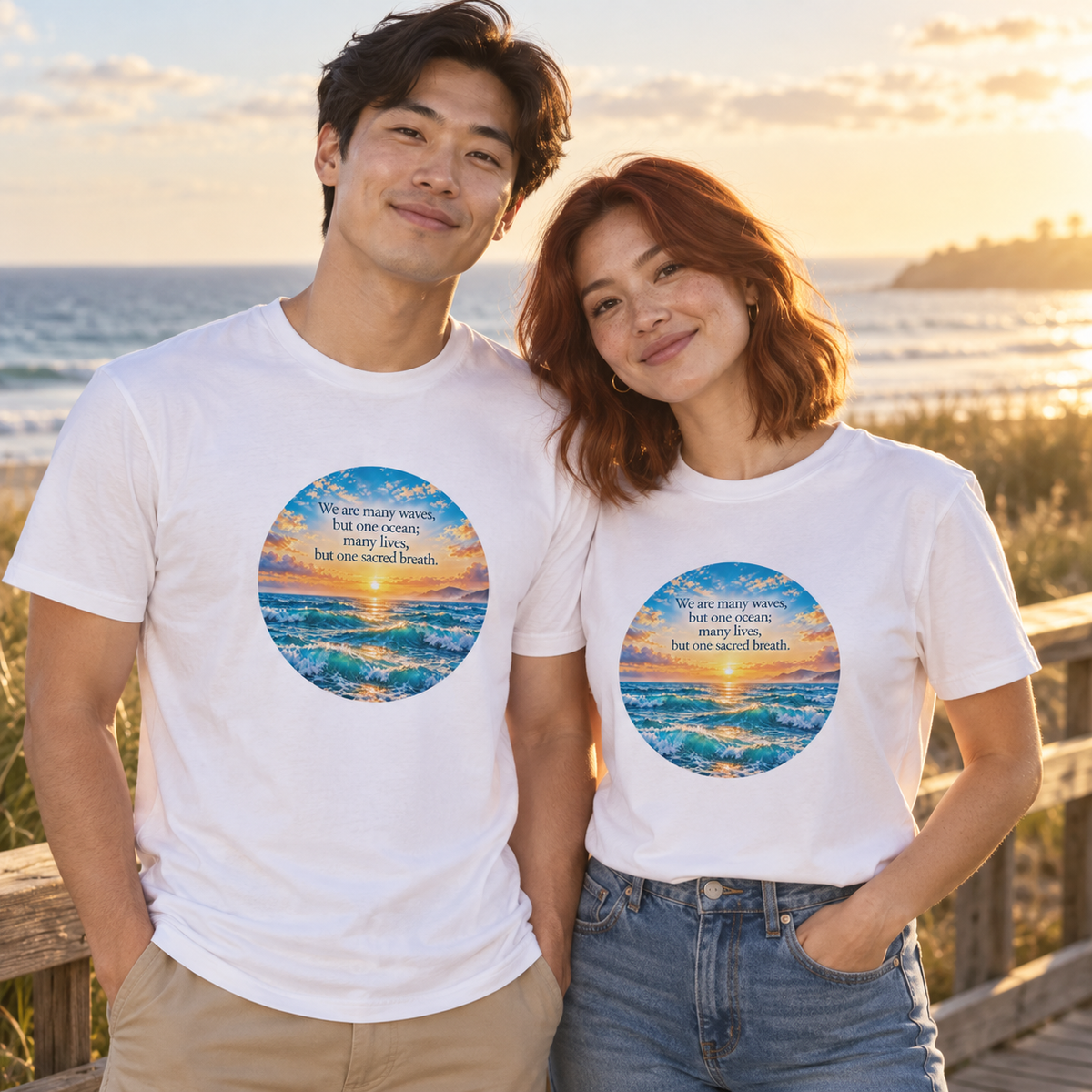Pair of white T-shirts with circular ocean sunrise graphic and quote text, front