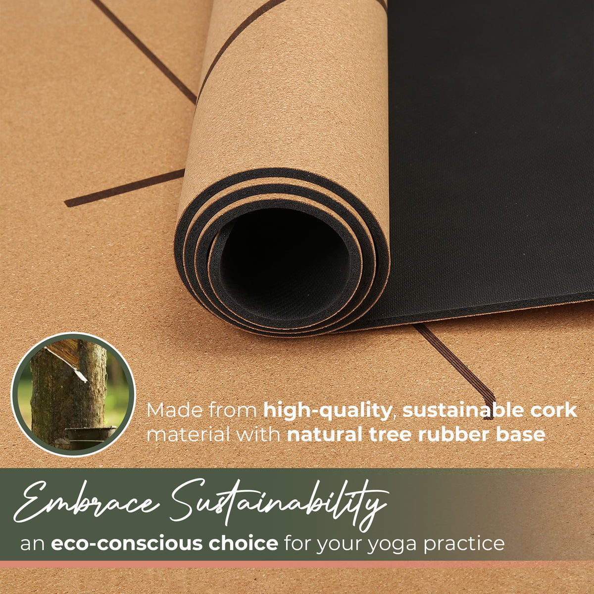 Rolled cork yoga mat end with visible layered texture