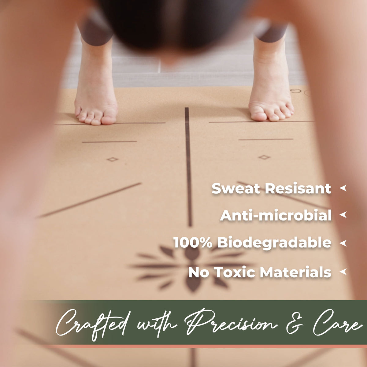 Cork yoga mat with alignment guides and feet resting during pose