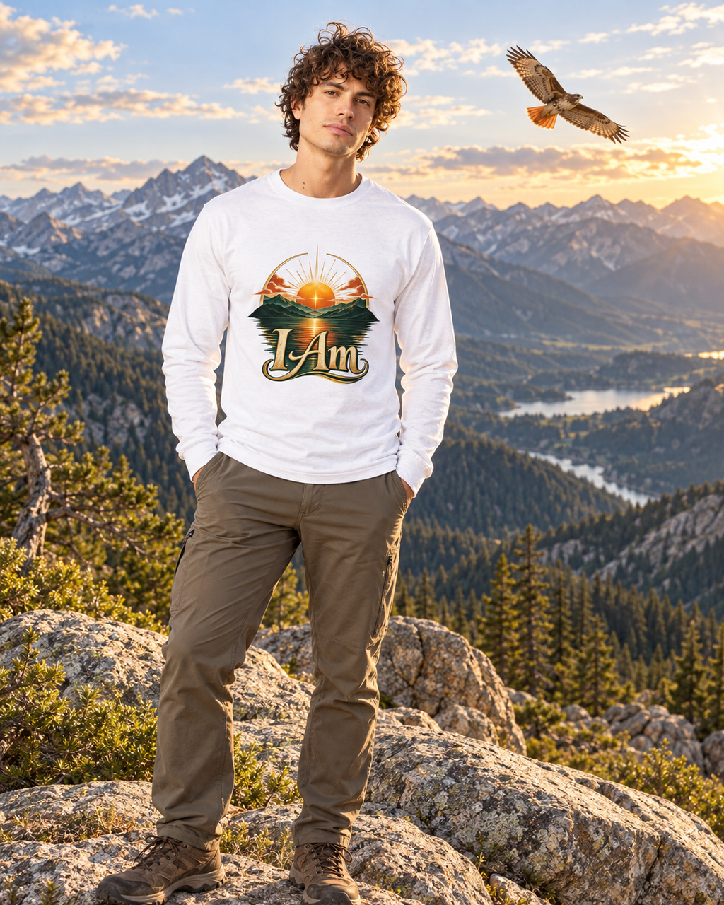 White long-sleeve crewneck T-shirt with centered I Am graphic