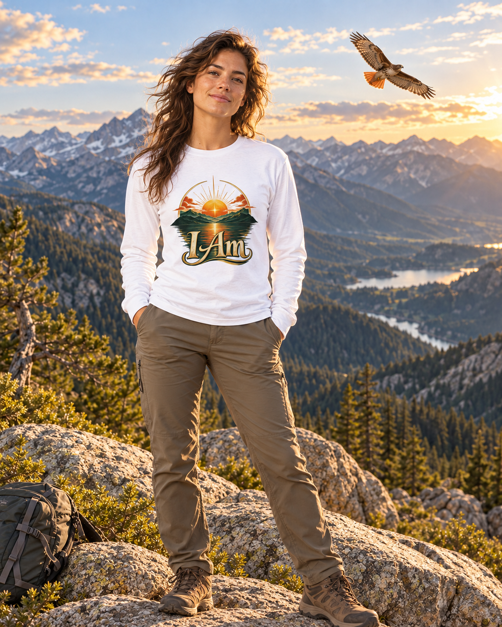 White long-sleeve crewneck T-shirt with I Am logo graphic