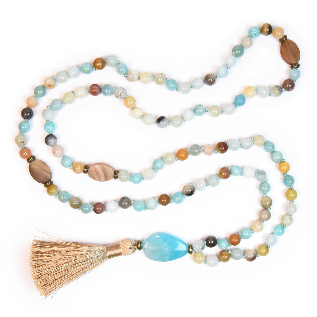 Amazonite beaded mala necklace with 108 beads, brown and teal stones, tassel and pendant