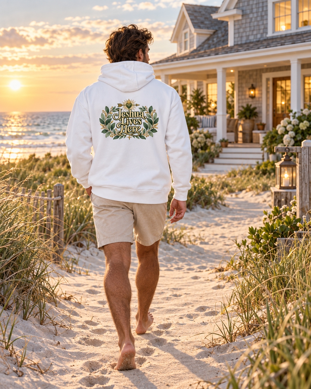 White hoodie with hood and kangaroo pocket; back wreath logo graphic