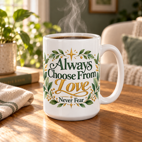 White ceramic mug with handle, floral quote: Always Choose From Love, Never Fear