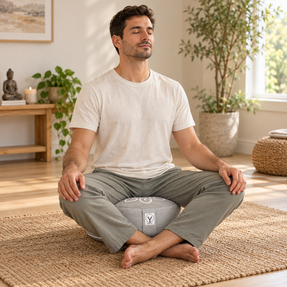 Gray round meditation cushion with logo patch, used by a seated man meditating.