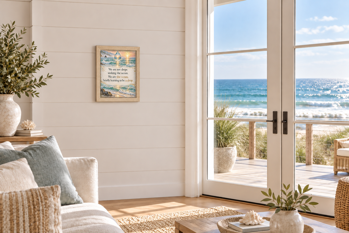 Framed canvas wall art with coastal landscape and text, rectangular frame