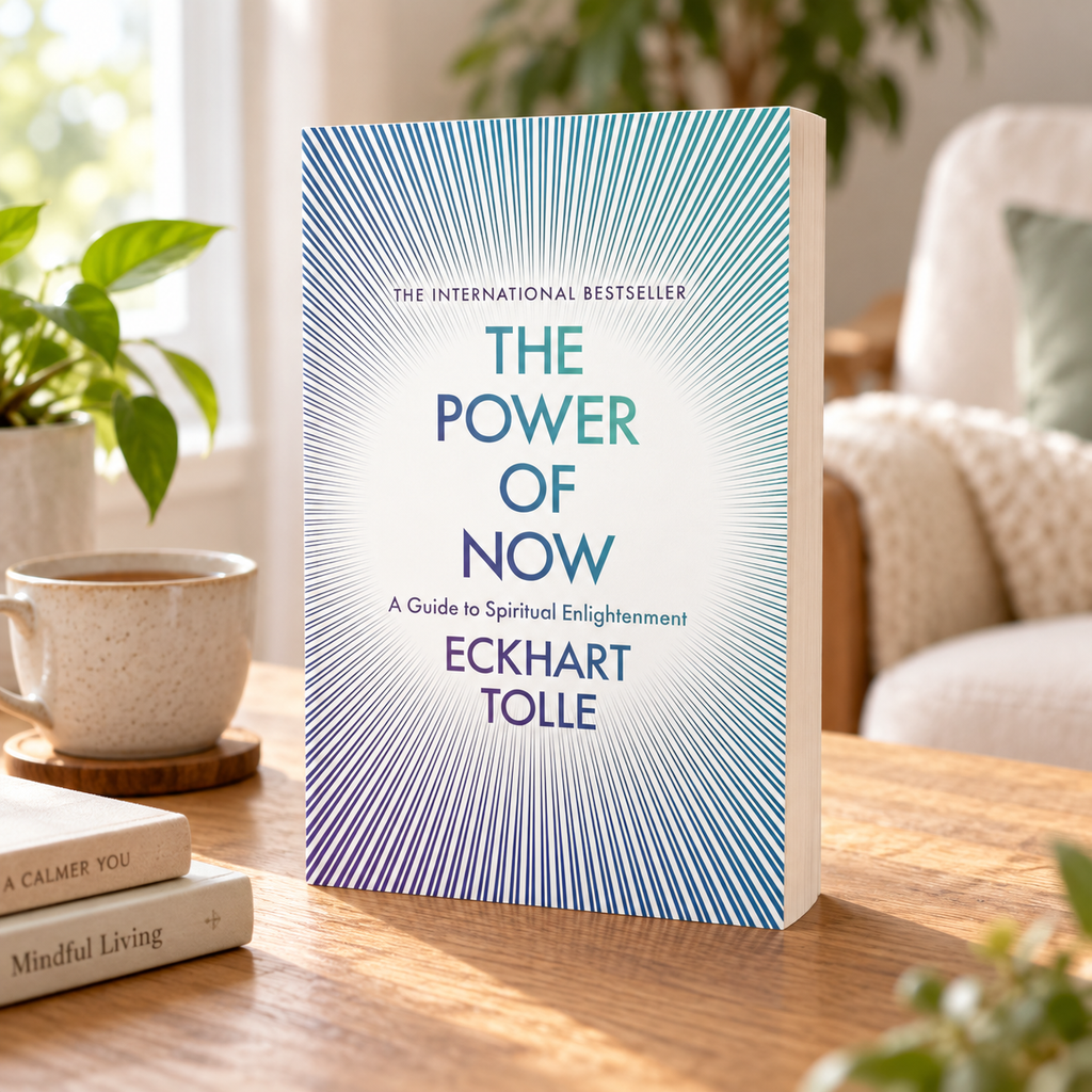 Book cover with blue rays: The Power of Now spiritual enlightenment guide by Eckhart Tolle