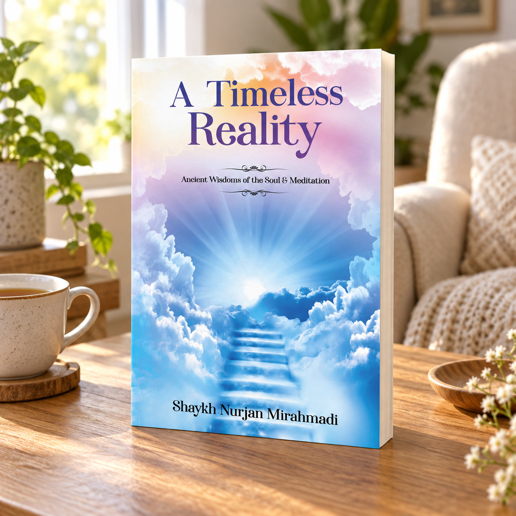 Meditation book on table with blue cloud cover, glowing stairs, and author name