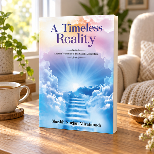 Meditation book on table with blue cloud cover, glowing stairs, and author name