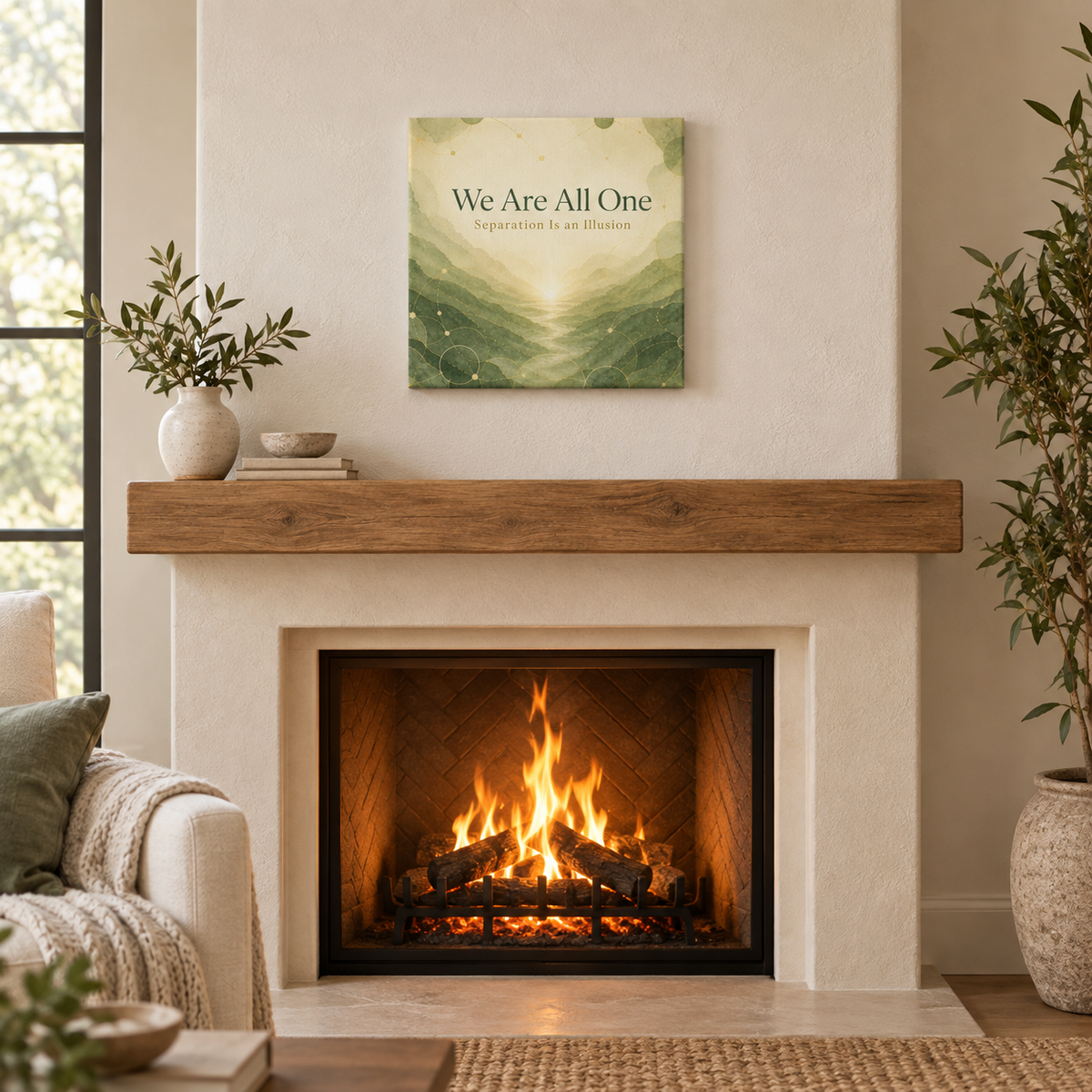 Framed wall canvas with green landscape and 'We Are All One' text