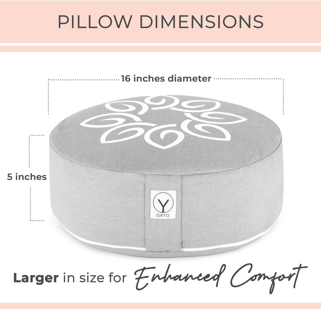 Gray round zafu cushion, 16-inch diameter, with white emblem and center label patch.