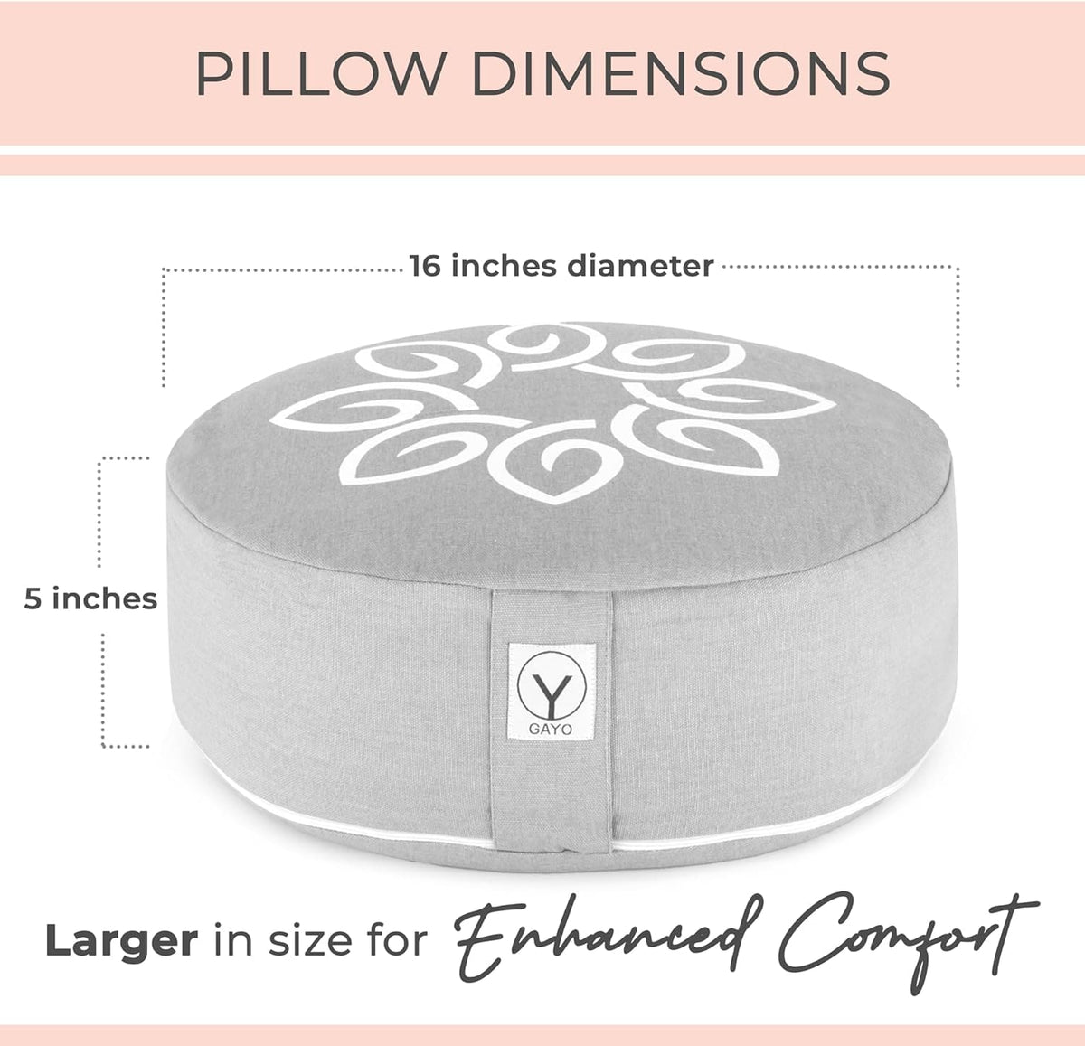 Gray round zafu cushion, 16-inch diameter, with white emblem and center label patch.