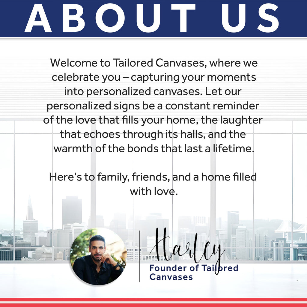 About Us card for canvas wall art by Tailored Canvases with founder badge.