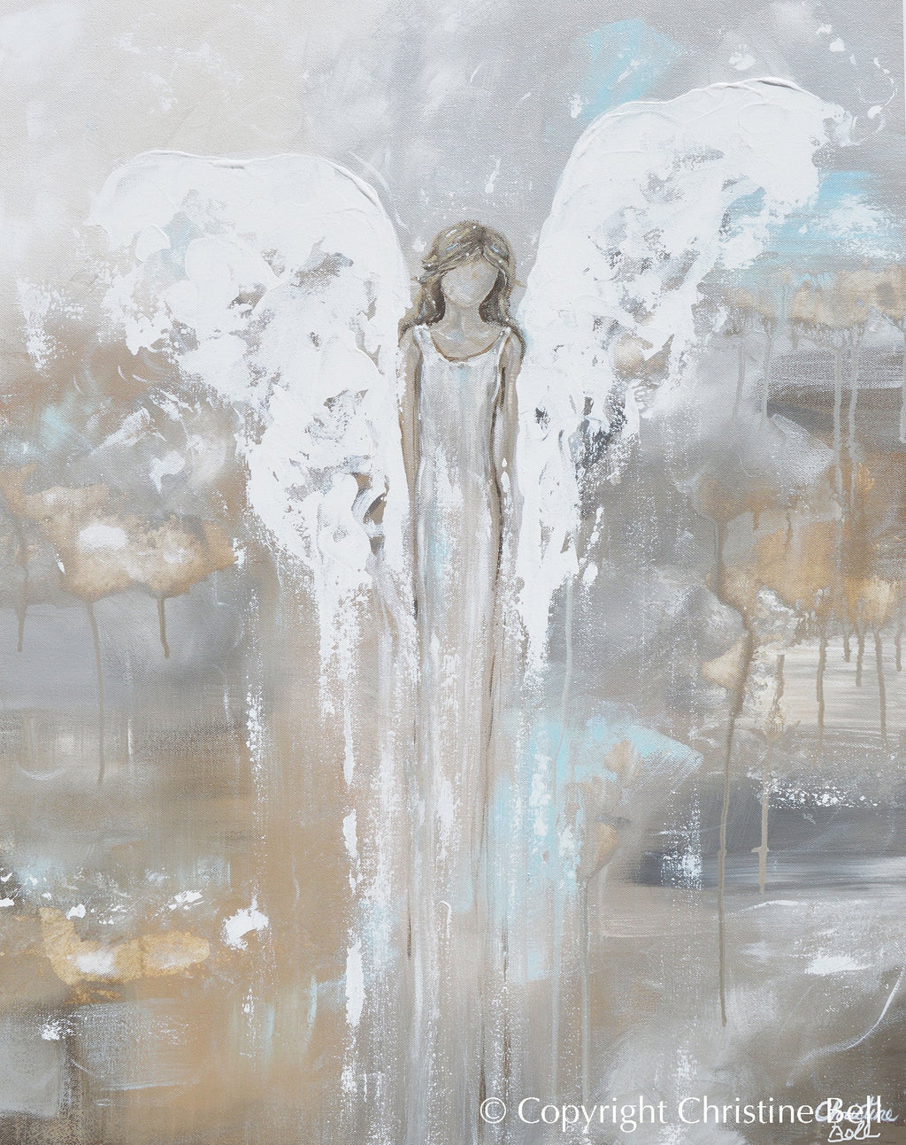 Angel painting print of a guardian angel with white wings and long pale dress