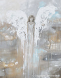 Angel painting print of a guardian angel with white wings and long pale dress