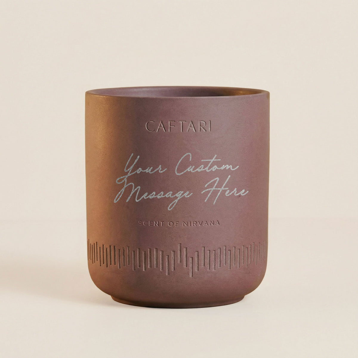 Purple meditation candle in matte ceramic vessel with custom message text, unlit